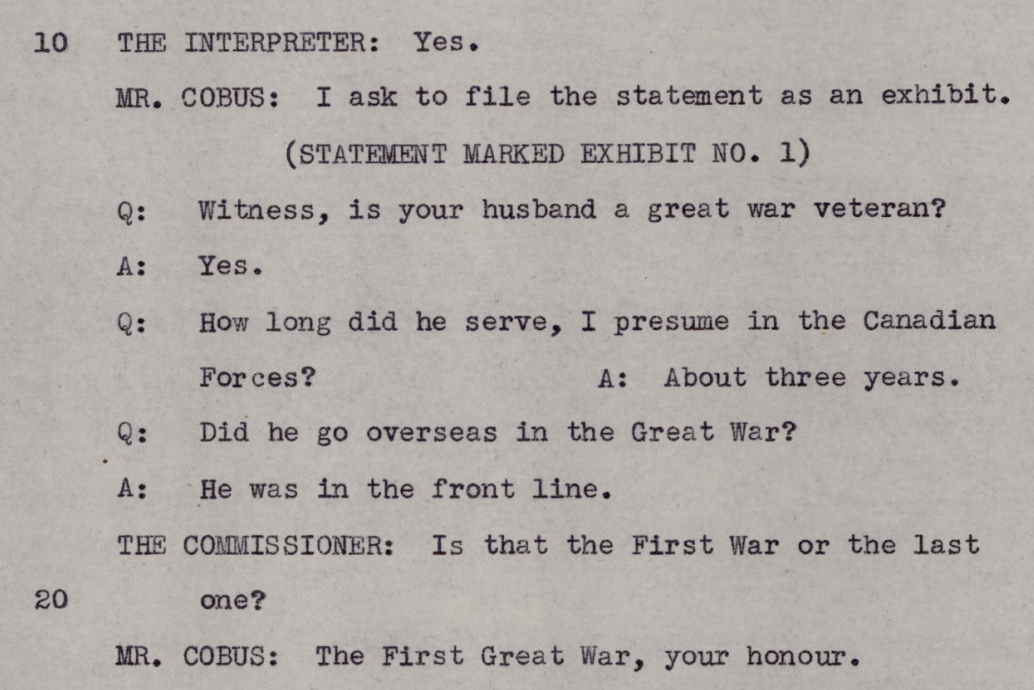 Transcription du témoignage d'une femme devant un juge au tribunal. La femme parle de son mari qui était soldat pendant la Première Guerre mondiale.
